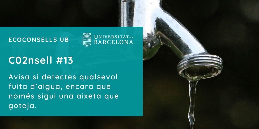 CO2nsell 13: Avisa si detectes qualsevol fuita d’aigua, encara que només sigui una aixeta que goteja.