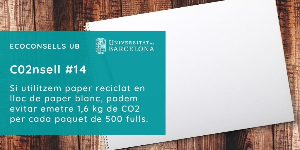 CO2nsell 14: Si utilitzem paper reciclat en lloc de paper blanc, podem evitar emetre 1,6 kg de CO2 per cada paquet de 500 fulls.