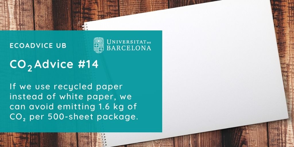 CO2nsell 14: Si utilitzem paper reciclat en lloc de paper blanc, podem evitar emetre 1,6 kg de CO2 per cada paquet de 500 fulls.