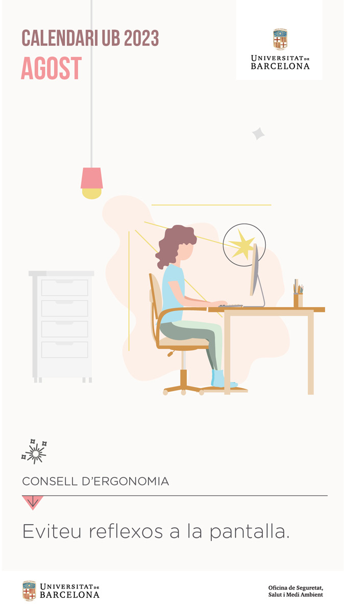 Consell del mes d'agost: il·lustració d'una dona treballant a l'ordinador amb una llum al darrere