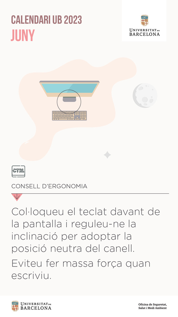 Consell del mes de juny: il·lustració de la pantalla d'un ordinador, amb el teclat davant
