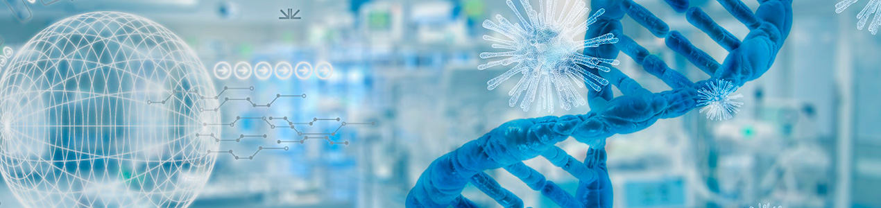 Imatge d'una cadena d'ADN i virus sobre un fons difuminat d'un laboratori