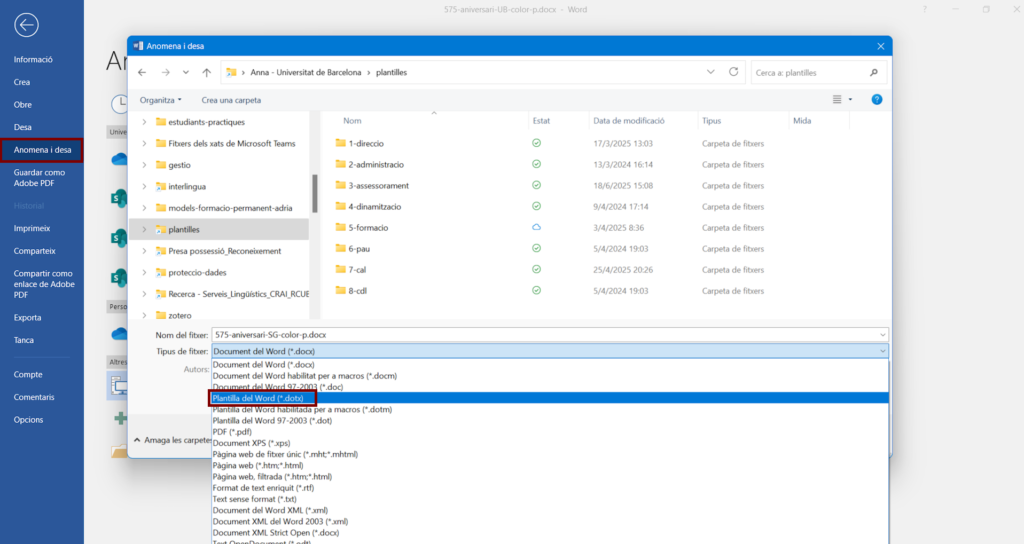 Fem Anomena i desa i seleccionem el tipus de fitxer Plantilla del Word (*.dotx)