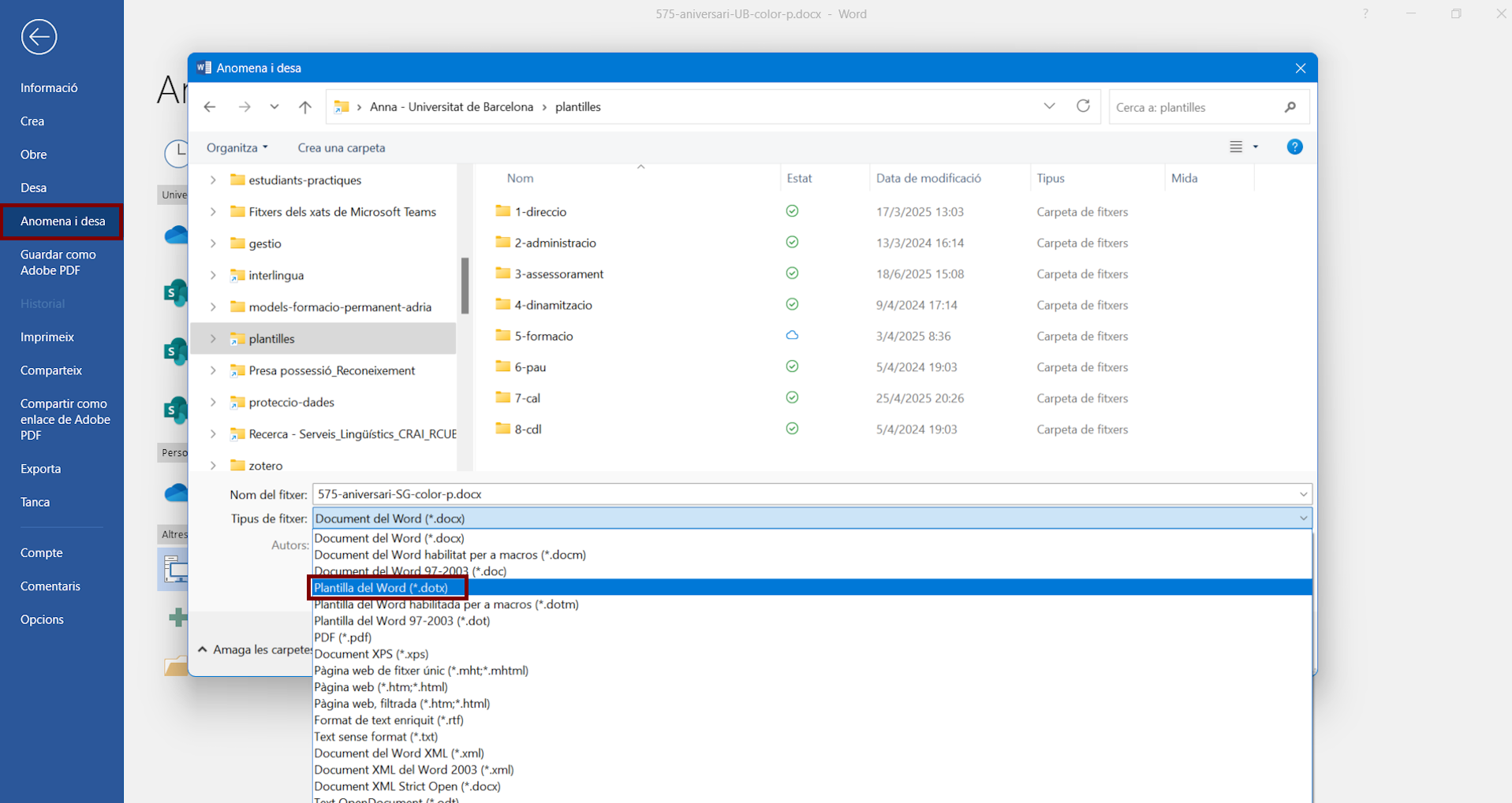 Fem Anomena i desa i seleccionem el tipus de fitxer Plantilla del Word (*.dotx)