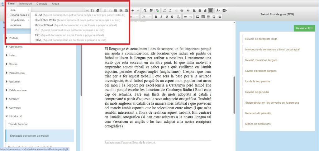 Formats d’exportació del document creat amb l’arText