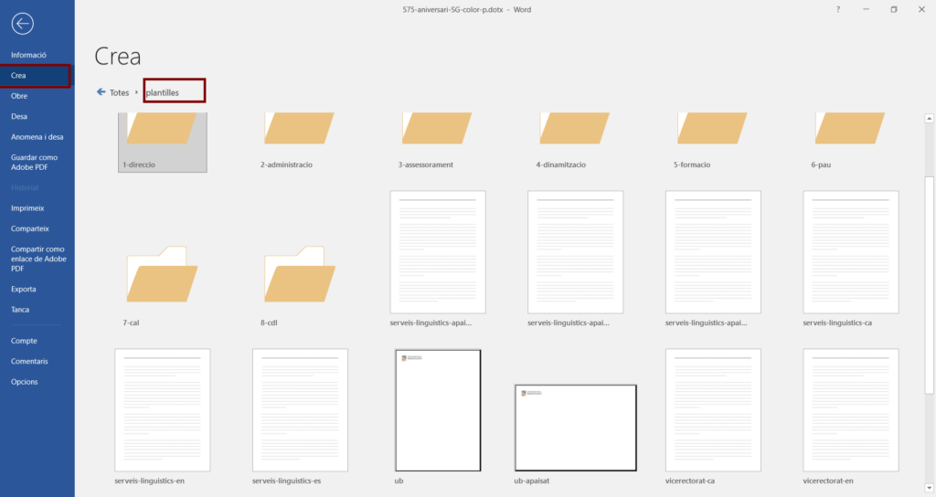 Per crear un document nou, podem anar a Crea i seleccionar la plantilla que vulguem