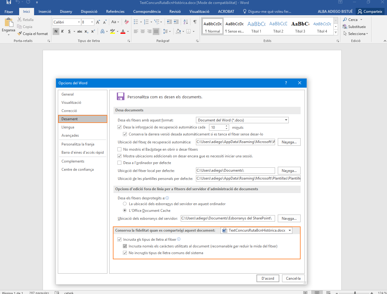 Opcions d'incrustació de tipus de lletra al Word