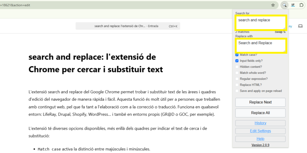 Extensió Search and Replace i indicació dels paràmetres de cerca i substitució Extensió Search and Replace i indicació dels paràmetres de cerca i substitució