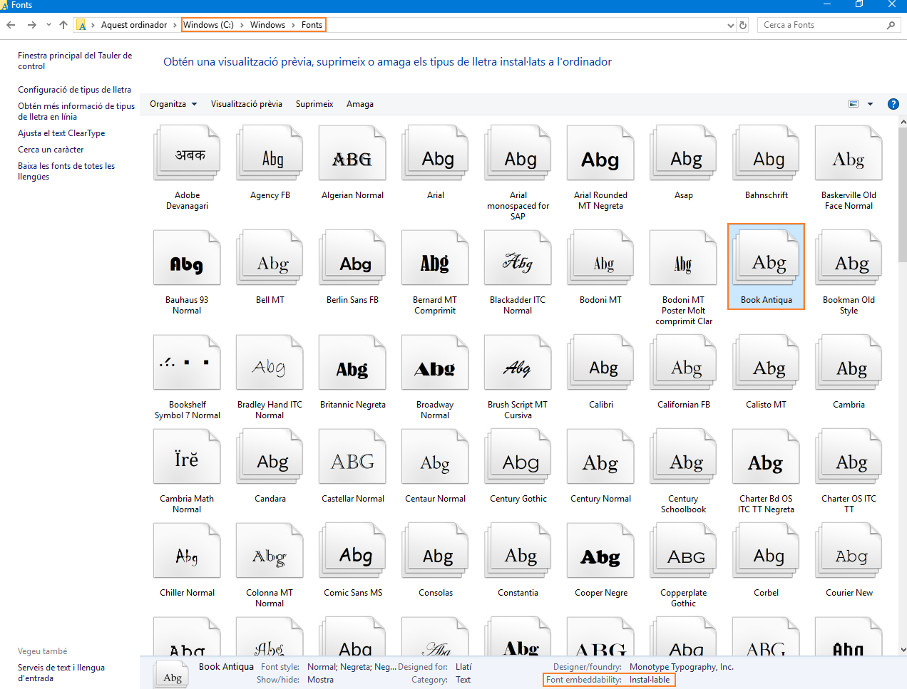 Propietats dels tipus de lletra instal·lats al sistema
