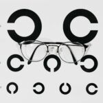 A close-up view of eyeglasses placed on a Snellen chart used for vision testing.