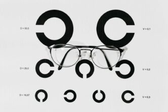 A close-up view of eyeglasses placed on a Snellen chart used for vision testing.