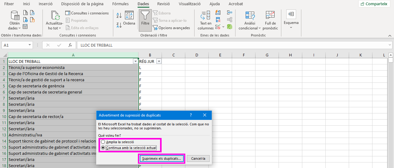 Opció d’ampliar la selecció amb el rang adjacent