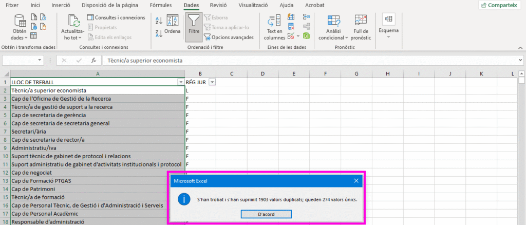 Nombre de valors eliminats i de valors únics restants