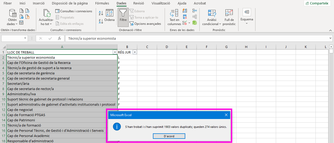 Nombre de valors eliminats i de valors únics restants