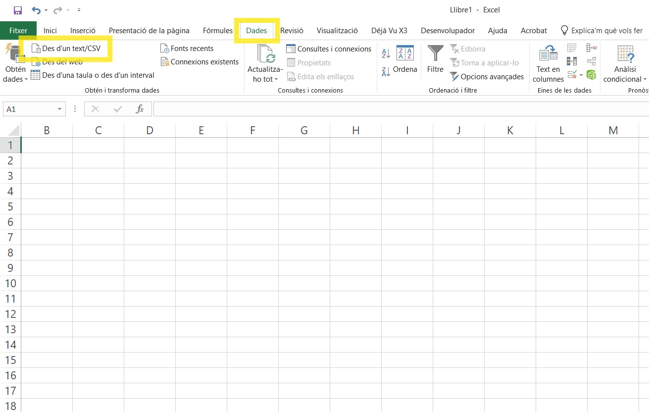 Opció de càrrega directa de dades CSV disponible en algunes versions de l’Excel Opció de càrrega directa de dades CSV disponible en algunes versions de l’Excel
