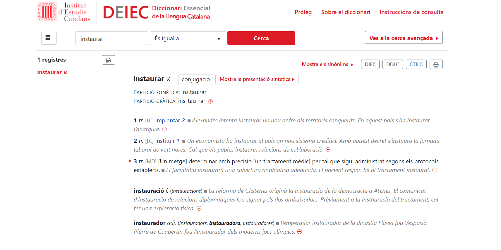Indicació sobre partició fonètica i gràfica. Definició amb arguments del verb entre claudàtors.