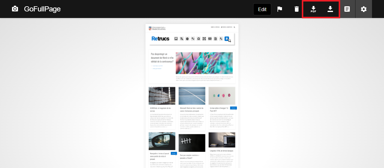 Opcions per desar en format de PDF o imatge