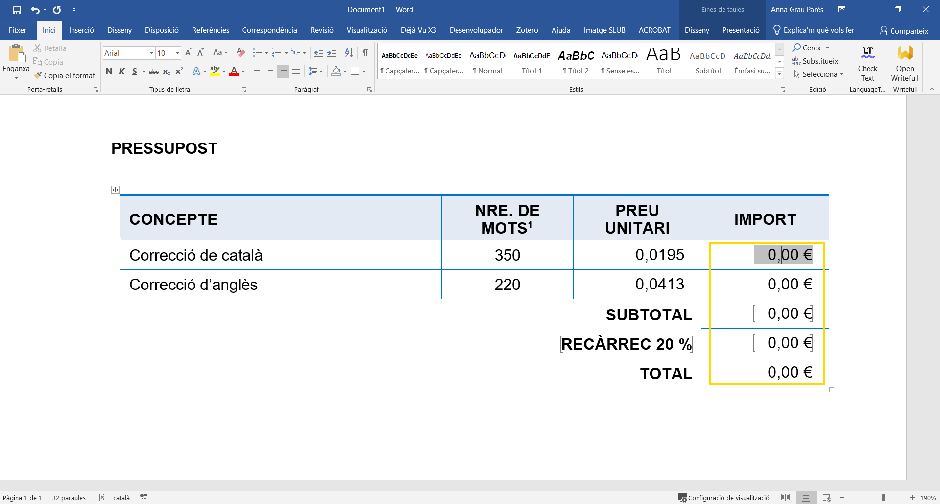 Tenim una taula de Word amb càlculs per actualitzar.