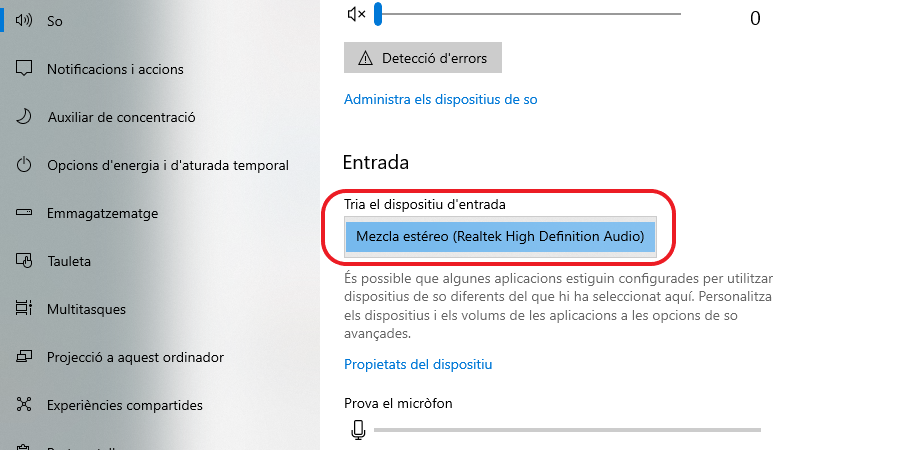 Tria el dispositiu d’entrada