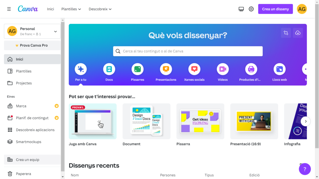 Canva: pantalla d’inici Canva: pantalla d’inici