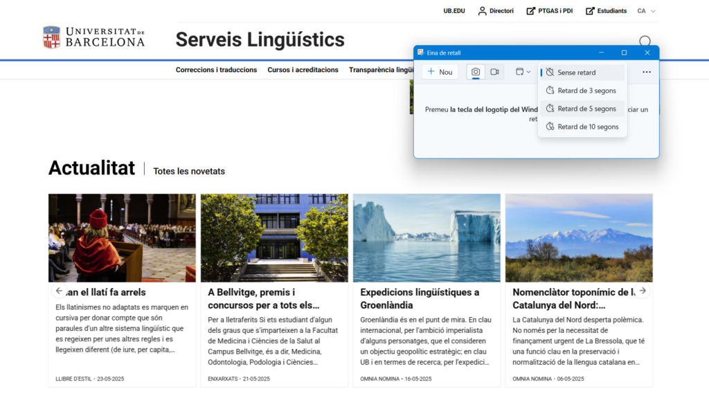 Opcions per retardar el moment de capturar la pantalla