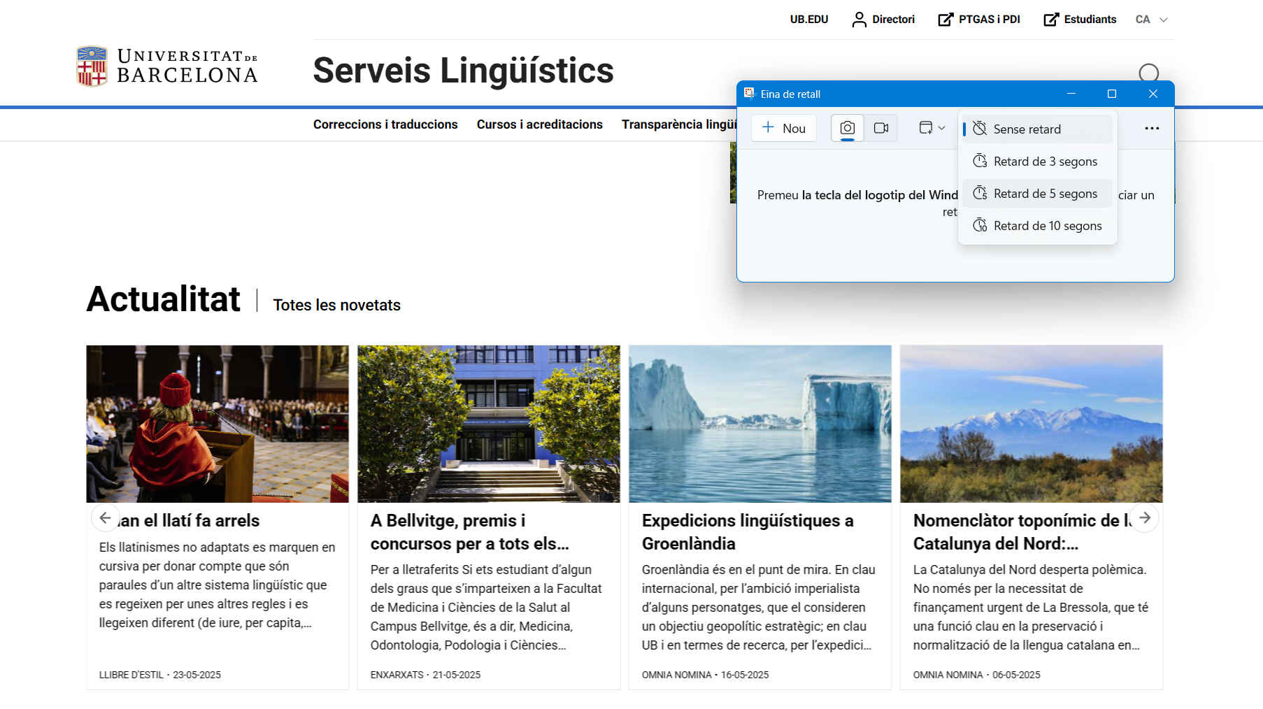 Opcions per retardar el moment de capturar la pantalla