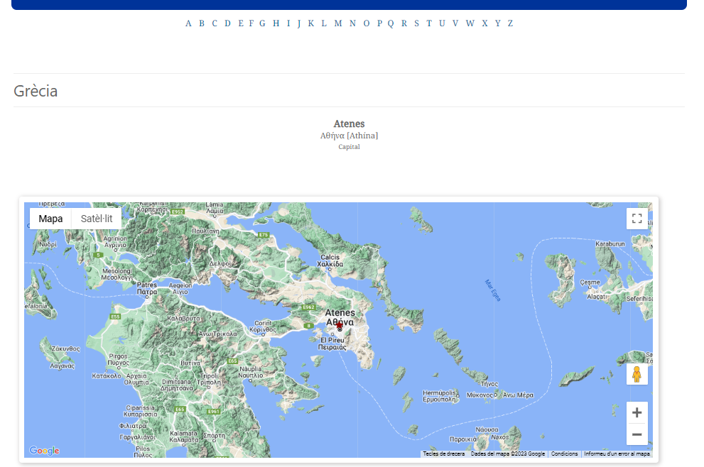 Resultat de la cerca Atenes, amb el nom en català i en grec, la categoria i un mapa amb els topònims de la zona cercada