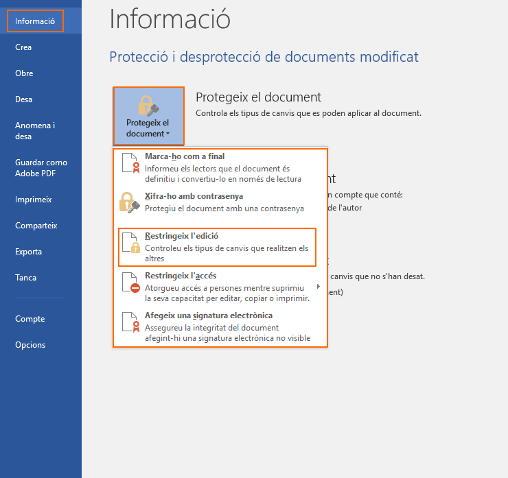 Opcions de protecció del Word