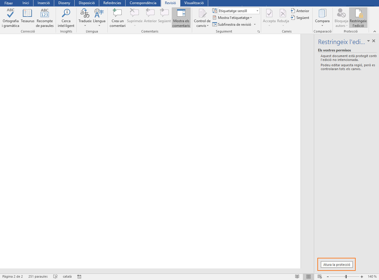 Aturar la protecció del document
