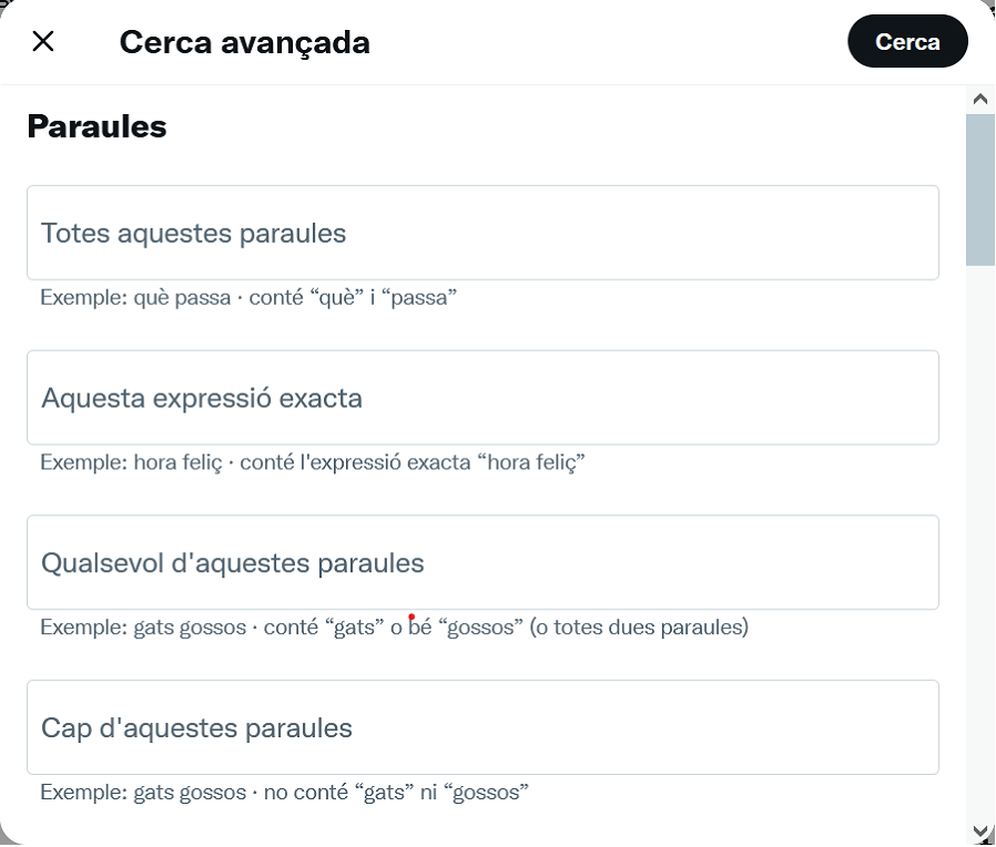 Secció «Paraules» de la cerca avançada