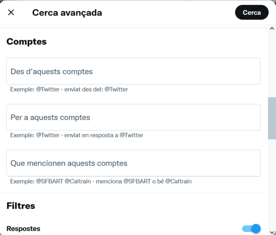 Secció «Comptes» de la cerca avançada