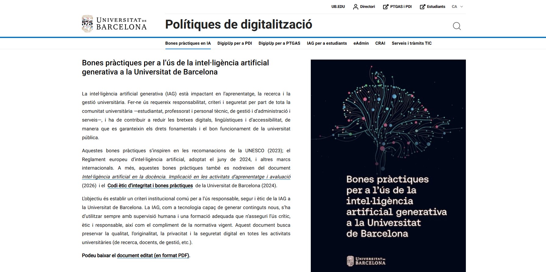 Pàgina de bones pràctiques en IAG del Vicerectorat de Política de Digitalització