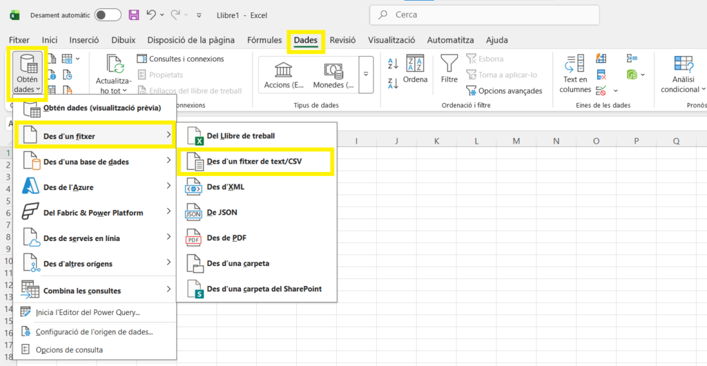 Passos per carregar un CSV a l’Excel Passos per carregar un CSV a l’Excel