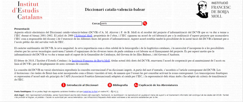 Pàgina inicial del DCVB. Exemple de consulta amb la paraula panís.