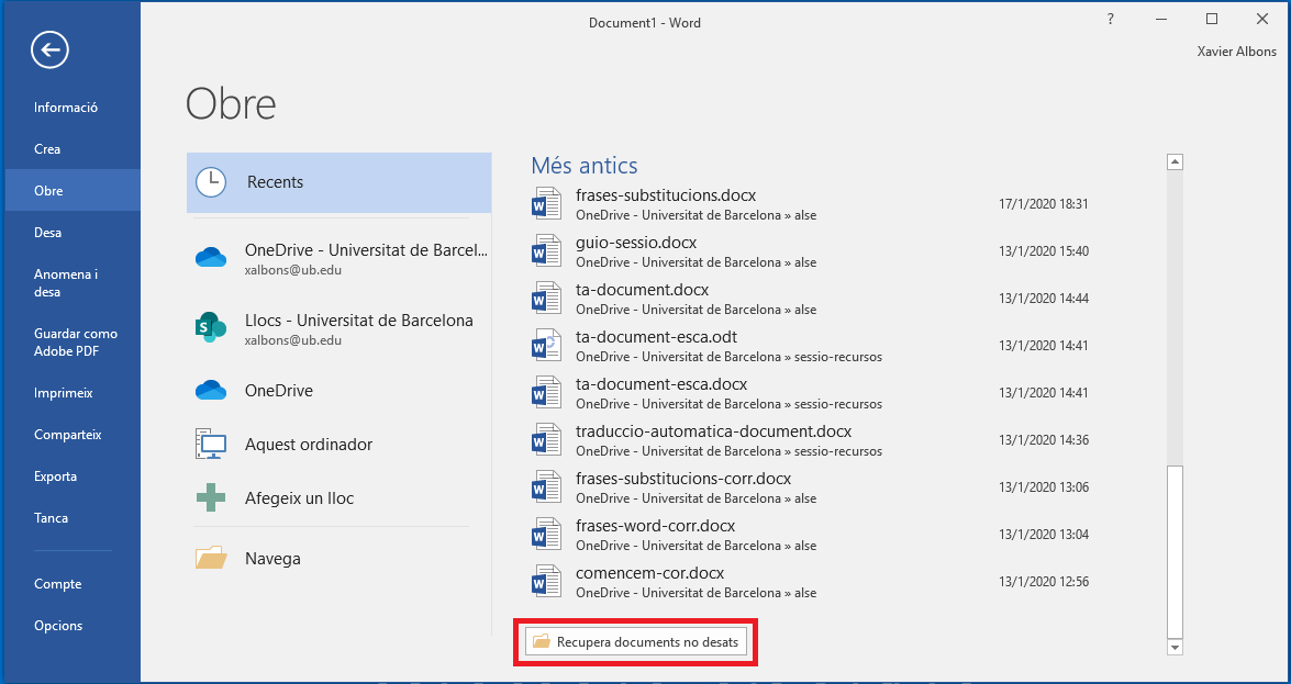 Recupera documents no desats