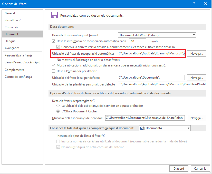 Ubicació del fitxer de recuperació automàtica
