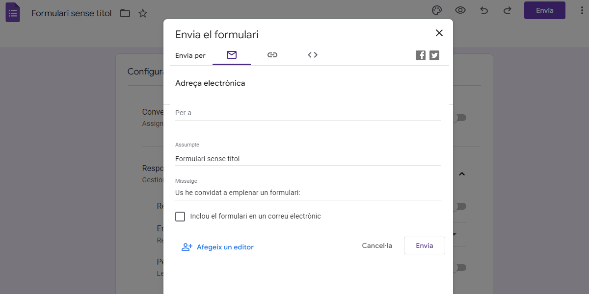 Opcions per compartir el formulari.