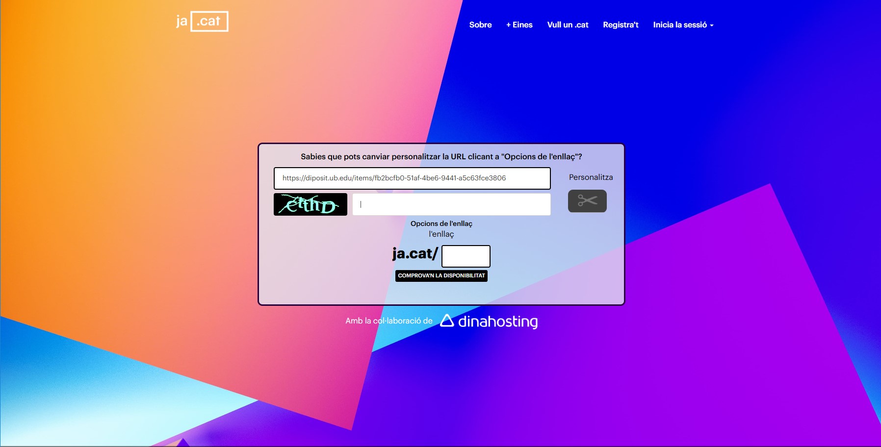 Pàgina inicial de ja.cat i opció per personalitzar l’enllaç curt