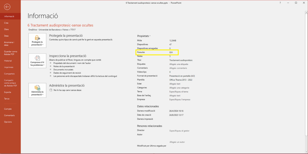 Ara, ja apareix la informació sobre el nombre de paraules de la presentació. Ara, ja apareix la informació sobre el nombre de paraules de la presentació.