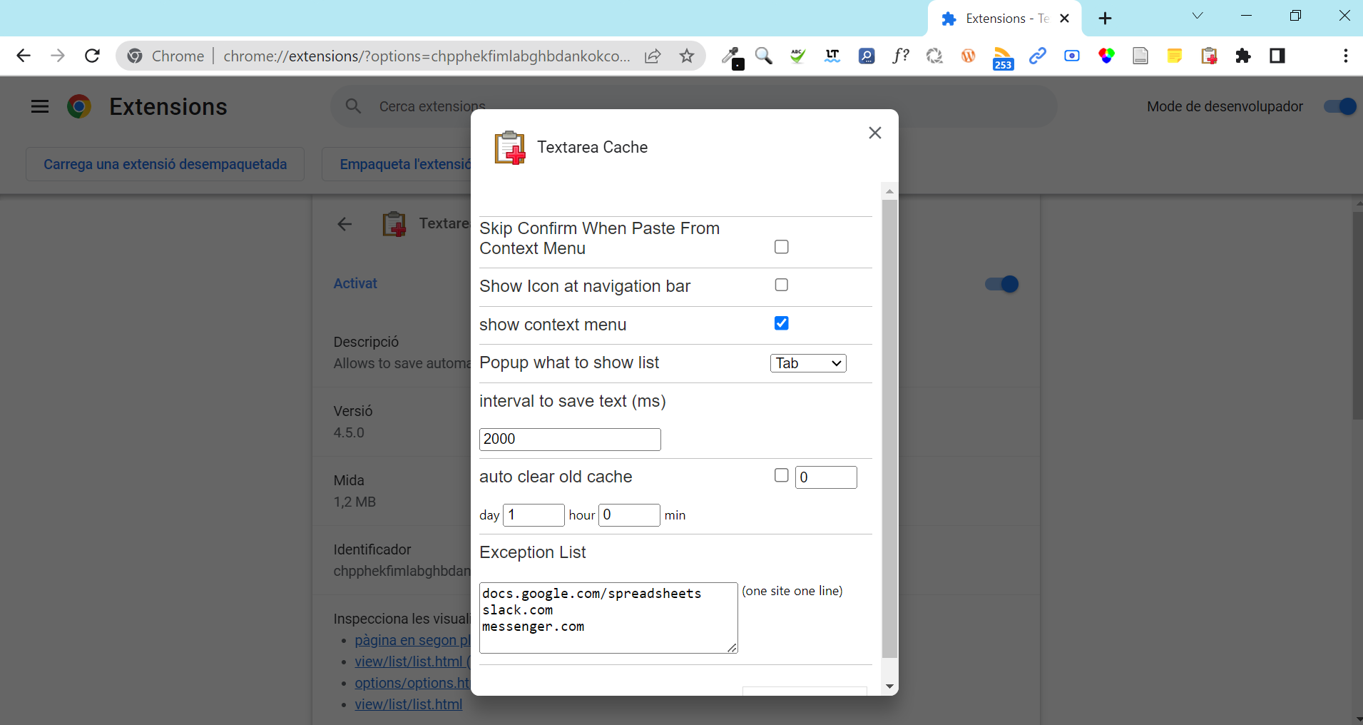 Configuració de les opcions de l’extensió