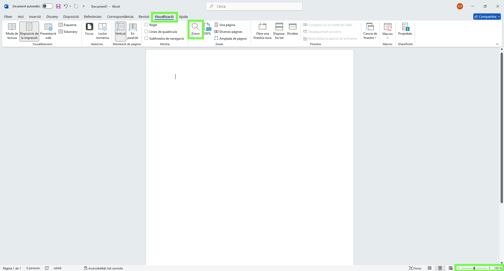 Opcions per fer zoom al Microsoft Word