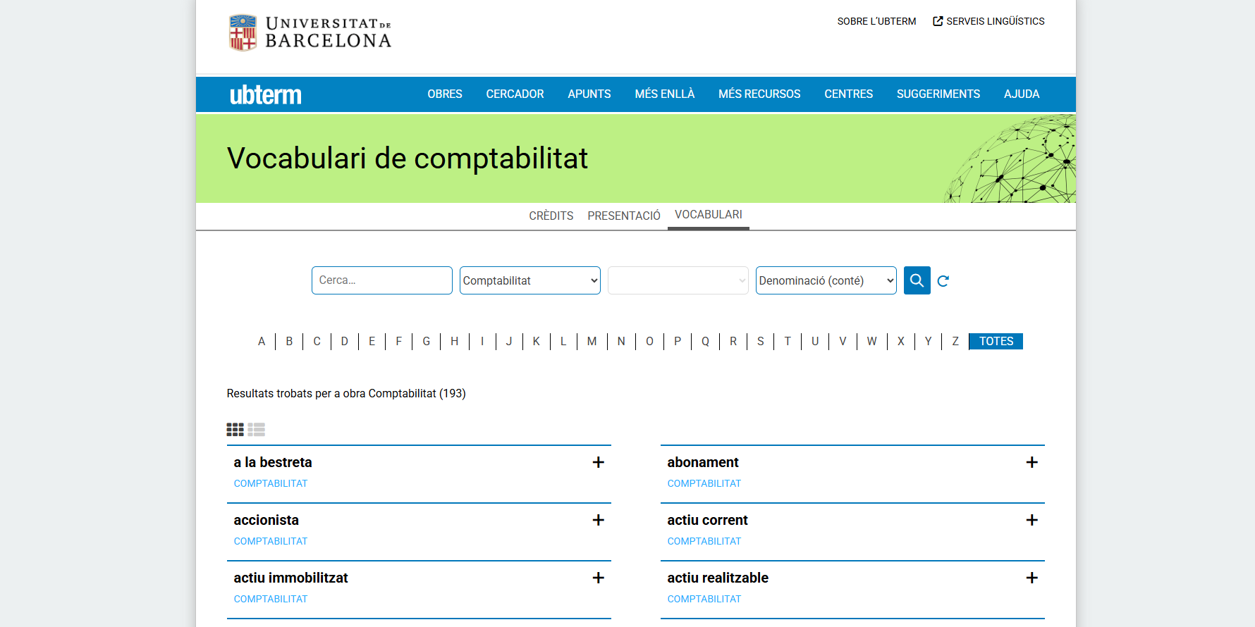Capçalera del Vocabulari de comptabilitat, cercador i primers termes amb visualització només del títol de cada fitxa