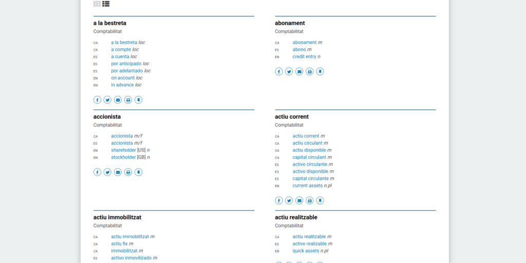 Termes del Vocabulari de comptabilitat amb la visualització completa del contingut de cada fitxa