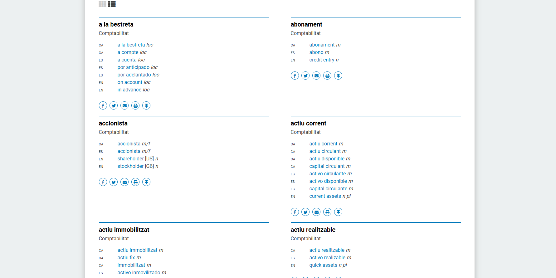 Termes del Vocabulari de comptabilitat amb la visualització completa del contingut de cada fitxa