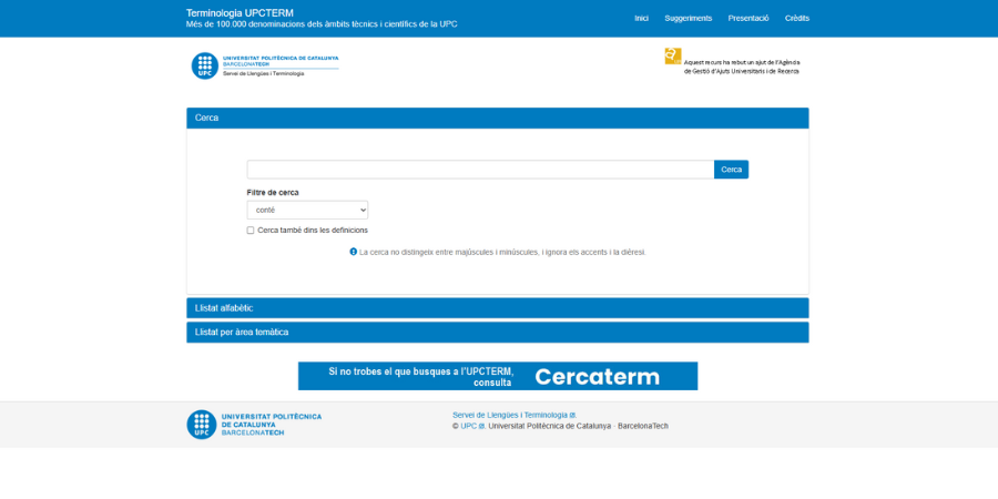 Pàgina inicial de consulta a la base de dades UPCTERM