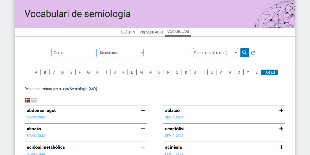Capçalera del Vocabulari de semiologia, cercador i primers termes amb visualització comprimida