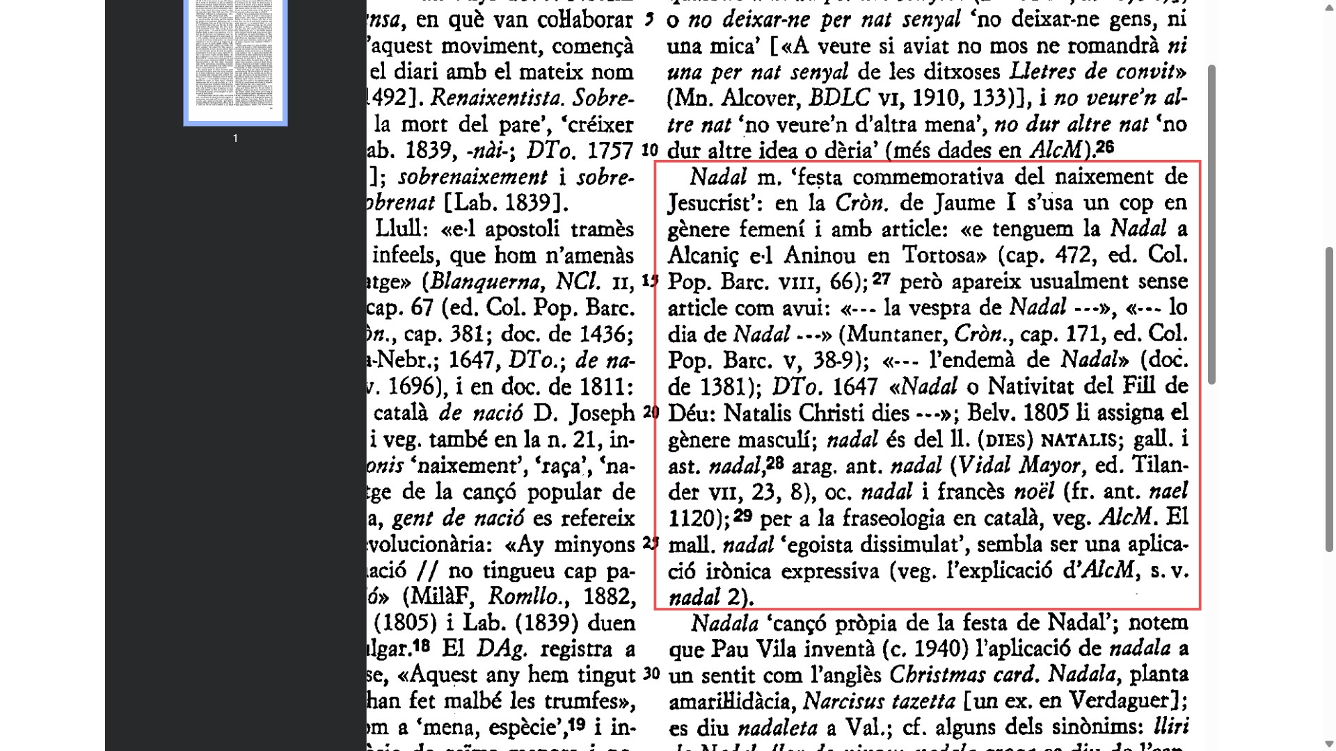 Detall de la informació que Joan Coromines recull del mot <i>nadal</i> Detall de la informació que Joan Coromines recull del mot nadal